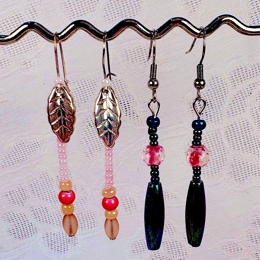 Earrings Pierced Handcrafted Unique Design
Pink Pearls & Purple/Green, Hot Pink